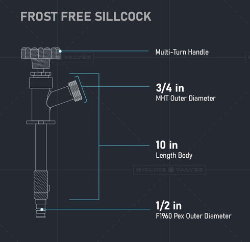 10 Inch 1/2" 3/4" Midline Valve Anti-Siphon Frost-Free Sillcock PEX-A Inlet x Hose Bib Outlet, Chrome-Plated, Lead-Free