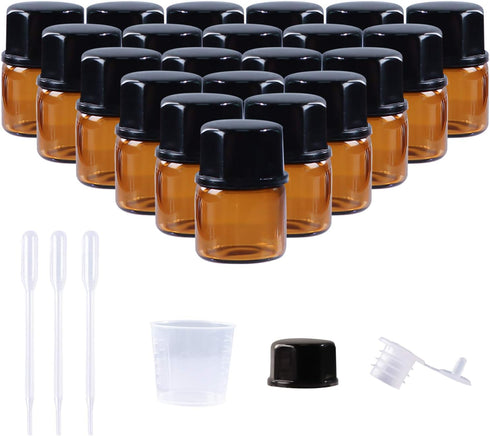 50 Pack 1ml Amber Mini Glass Essential Oils Sample Bottles with Black Caps for Oils, Perfumes & Lab Chemicals