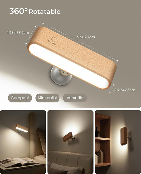 360 Wood LED Wall Sconce, Magnetic Rotatable Wall Mounted Night Light & Reading Light, Small Rechargeable Battery