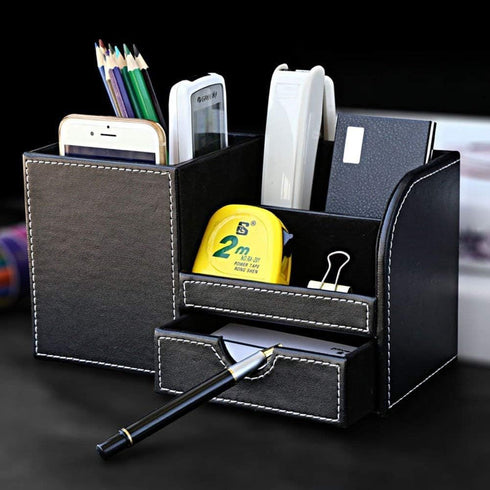 KINGFOM Black Desk Organizer Caddy, Pu Leather Multi-function Storage Box for Pen/Pencil, Cell Phone, Business Cards,