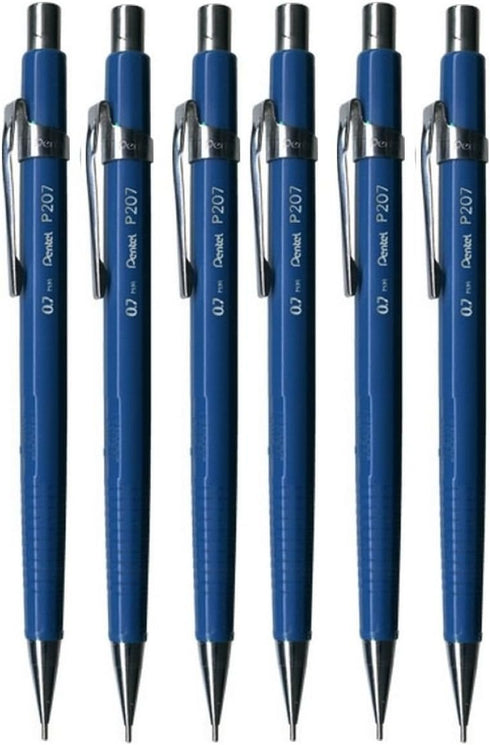 Pentel 0.7mm P200 Series Blue Automatic Mechanical Drafting Pencil, Refillable Lead Eraser (Pack of 6)