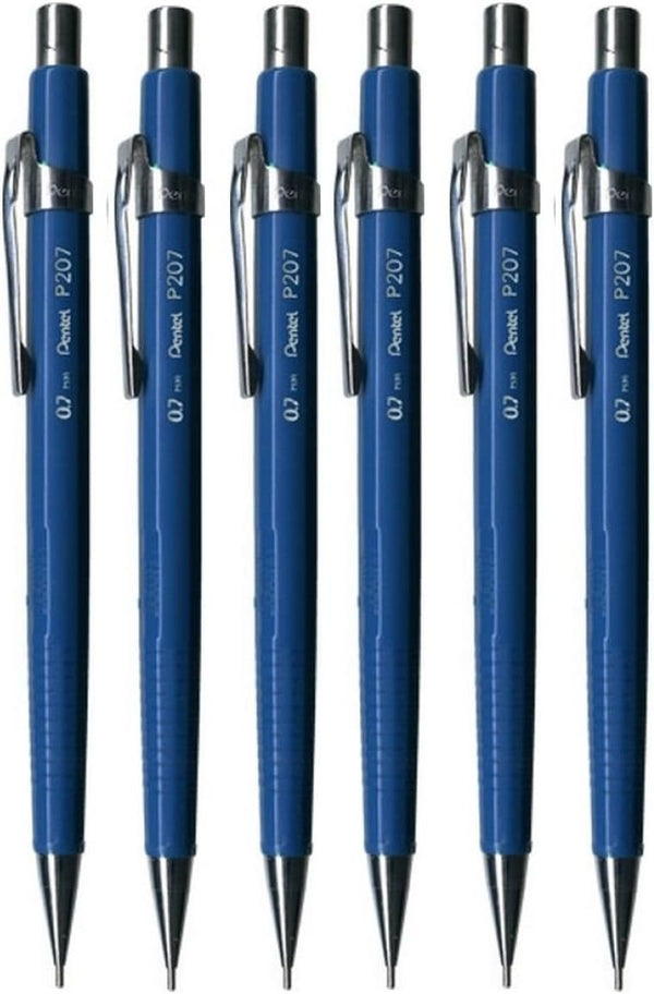 Pentel 0.7mm P200 Series Blue Automatic Mechanical Drafting Pencil, Refillable Lead Eraser (Pack of 6)