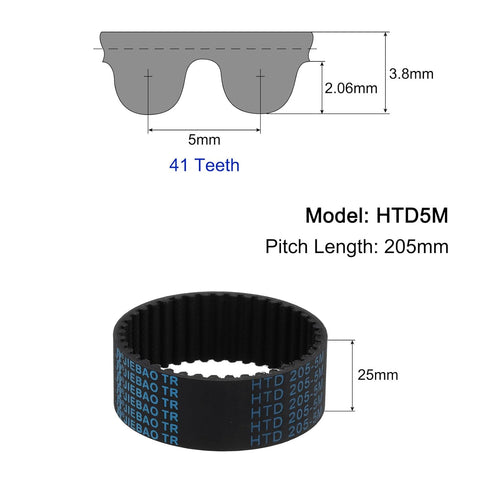 uxcell HTD-5M Rubber Timing Belt 41 Teeth, 205mm Pitch Length x 25mm Width x 3.6mm Height, Closed Loop Pulley Timing Belt