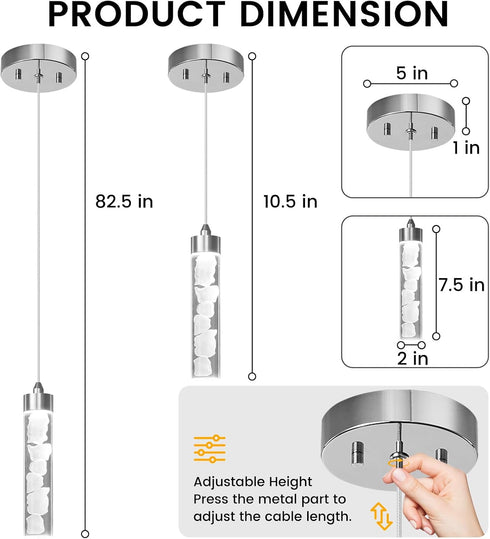 Dimmable 3000K/4000K/5000K Pendant Lights Kitchen Island, Modern Mini Pendant Light Fixtures with Crystal Stone, LED