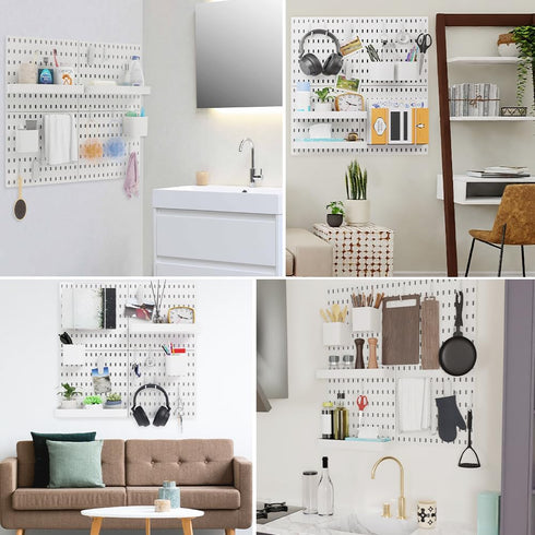 16pcs Plastic White Pegboard Wall Organizer Kits, 4pcs Peg Board and 12 Accessories for Home Office Garage