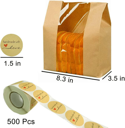 NOONEAST 100 Pack 14" 8.3" 3.5" 500pcs Packaging Paper Bread Bags for Homemade Bread Large Loaf Bag with Clear Front