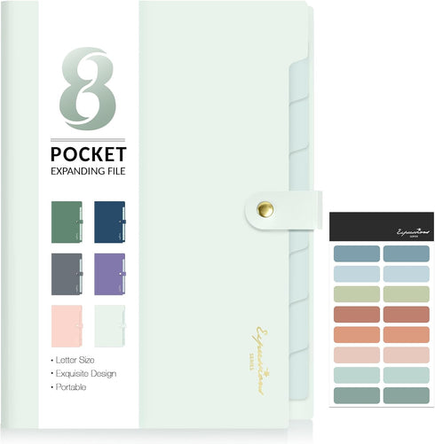 Sooez Elegant Accordion File Organizer with Labels, 8 Pocket Expanding Folder, Portable Document Organizer, Light Green