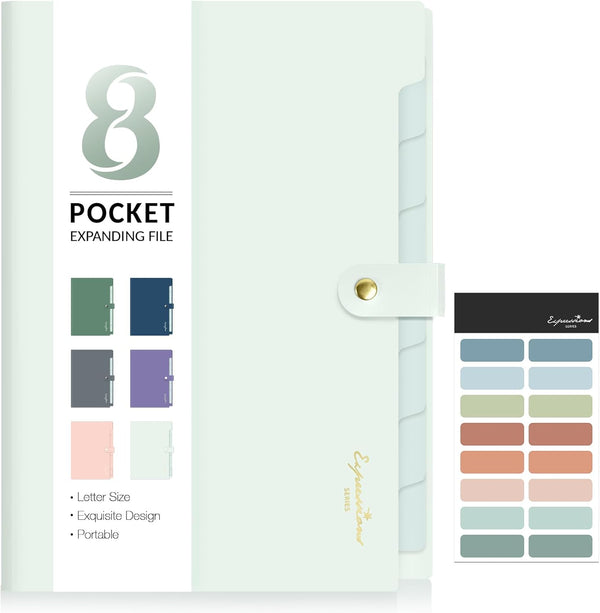 Sooez Elegant Accordion File Organizer with Labels, 8 Pocket Expanding Folder, Portable Document Organizer, Light Green