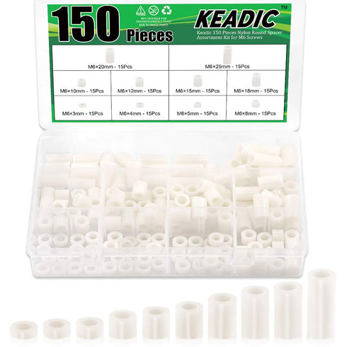 Keadic 150 Pieces Nylon Round Spacer Standoffs Assortment Kit for M6 Screws, OD 11mm and ID 6.2mm