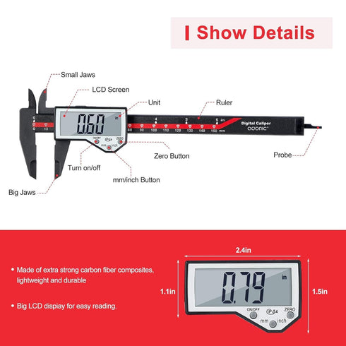 Digital Caliper, 0-6" Electronic Caliper with Auto-Off Feature, Large LCD Screen Vernier Caliper for Length, Depth,