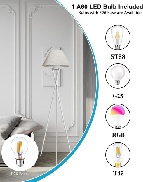 E26 Bulb Tripod Floor Lamp, White Standing Lamps with Included, Mid Century Modern Tall Lamps for Living Room Bedroom