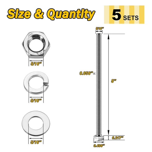 (5 Sets) 5/16-18x5" Hex Head Stainless Steel Bolts and Nuts with Flat & Lock Washers, 304 Stainless Steel 18-8, Fully Threaded, 5/16 Bolt, Bolts and Nuts Kit