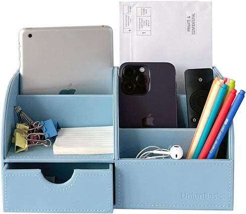 UnionBasic Desk Organizer - Multifunctional Leather Desktop Pen Holder Storage Box - Business Card/Pen/Pencil/Mobile Phone/Stationery Holder, Blue by UnionBasic