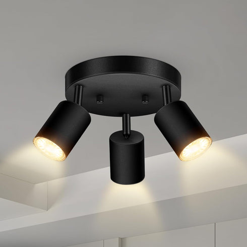 3 Light Track Lighting Fixtures Ceiling, Matte Black Round Directional Ceiling Spotlight,