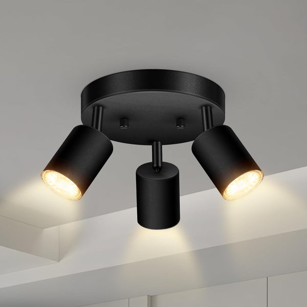 3 Light Track Lighting Fixtures Ceiling, Matte Black Round Directional Ceiling Spotlight,