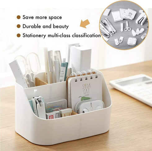 Desk Organizer with 5 Compartments, Office Supplies and Accessories, Makeup Brush Holder, Movable Wooden Partition