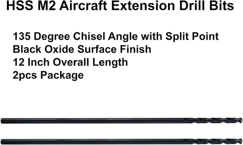 MAXTOOL 3/32"x12" 2pcs Identical Aircraft Extension Drills HSS M2 Extra Long Deep Twist Drill Bits