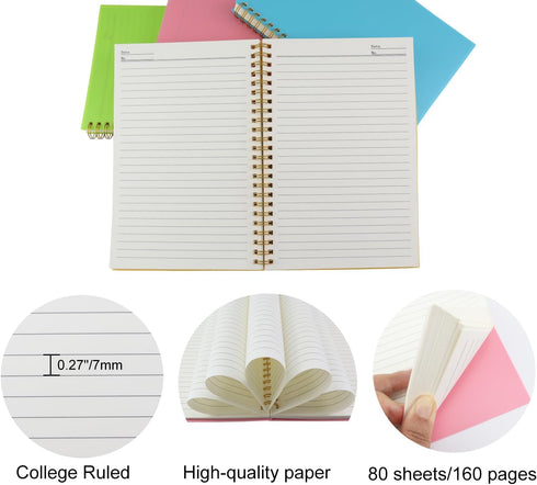 Spiral Notebook Journal, 5.5" x 8.5" Plastic Hardcover College Ruled Notebook with 4 Colors, 80 Sheets / 160 Pages for