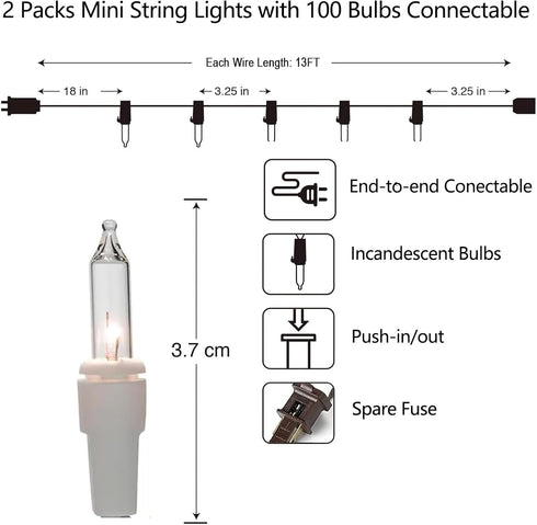 2 Pack 13ft 50 120V Vigdur Clear Outdoor String Lights on White Wire Cord, UL Approved for Indoor/Outdoors Use