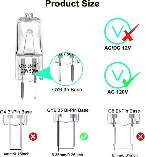 GY6.35 Bulbs, 120V 50W Bulb 2 T4 G6.35 Bulb, Dimmable 2700K 2 Bulb 10 Pack Light Crystal Clear Halogen Pin, JC Bi-Pin
