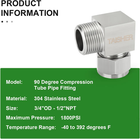 TAISHER 2PCS 304 Stainless Steel Square 90 Degree Compression Tube Pipe Fitting Connector, 3/4" Tube OD x 1/2" NPT Male