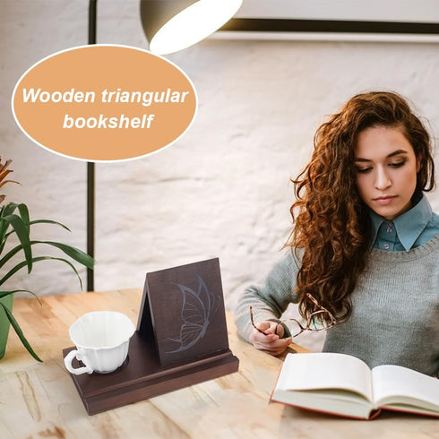 5.5"9.8"6.3" INFUNLY Wooden Triangle Book Holder with Butterfly Print Book Nook Reading Valet Reading Book Stand