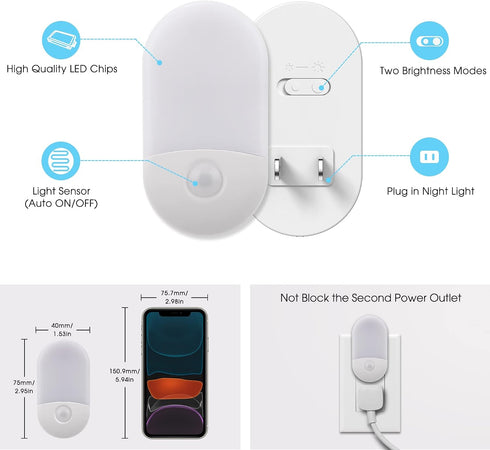 4 Pack 0.6W 5000K, 30/60lm L LOHAS LED Night Light Plug in, LED Night Light for Kids, Auto Dusk to Dawn Sensor Bright