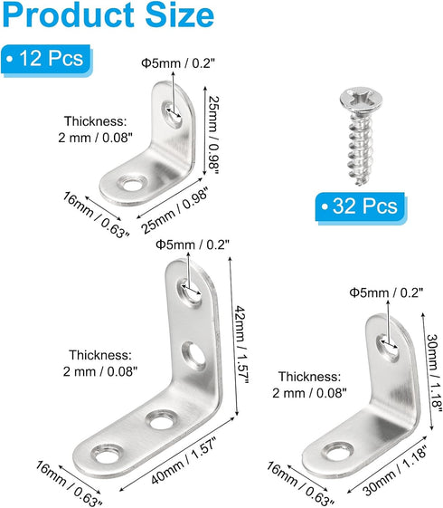 12 25mm 40mm (1"x1.6") 90 PATIKIL Pcs Metal L-Shape Brackets, x Degree l Bracket Corner Braces Stainless Steel Right