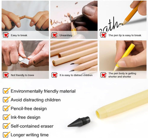 Infinity Pencil, 10PCS Inkless Pencil with 10 Replaceable Nibs and 20 Erasers, No-Sharpening for Kids Writing