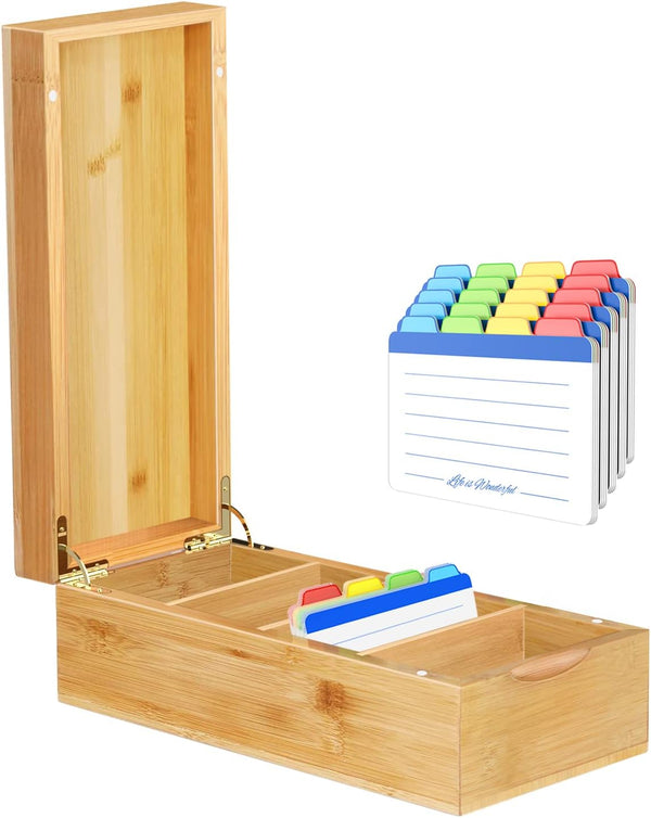 Business Card Holder - Bamboo Organizer with 5 Compartments for 600 Cards, Wood Desk Organizer, 4.5’’W x 10.4’’D