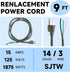 2 Pack 9 ft 14/3C SJTW Appliance and Power Tool Cord, 14 Gauge 3 Prong Replacement Power Supply Cord Cable, 110V 115V 120V AC Pigtail, 15A, 1875w Grey