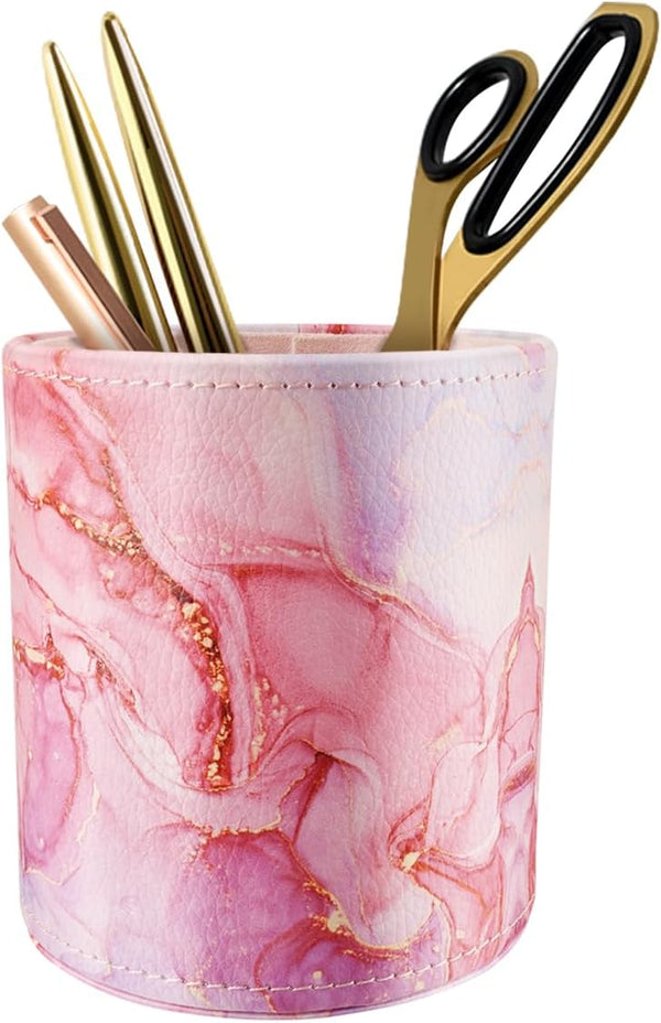 WAVEYU Pen Holder for Women, Pink Desk Decor, Large PU Leather Makeup Brush Organizer for Office and Home