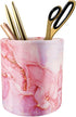 WAVEYU Pen Holder for Women, Pink Desk Decor, Large PU Leather Makeup Brush Organizer for Office and Home