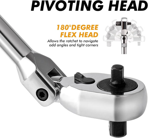 Dual 3/8 and 1/4 Drive Flex Head Ratchet, 72-Tooth 3/8 Ratchet Wrench with Quick-release and Reversible Switch