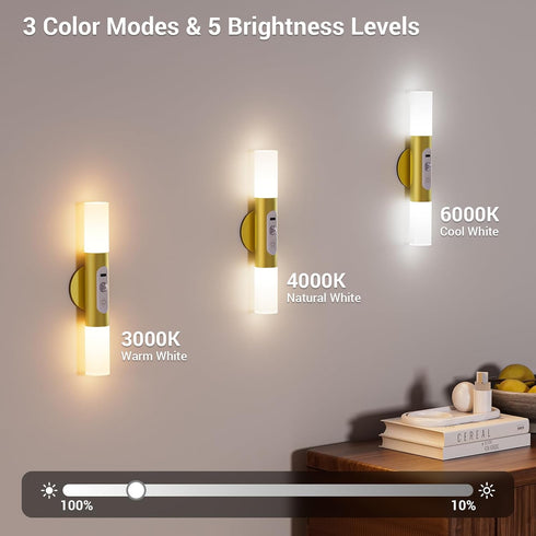 Set 2 Pack Motion Sensor Wall Sconces with Remote Control, LED Rechargeable Battery Operated Wall Lights of Two