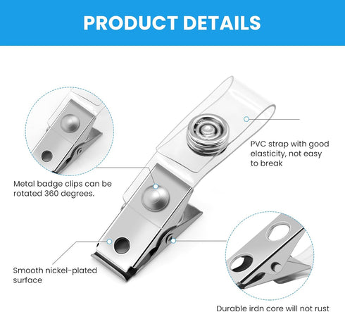 Easytle 30 Pcs Metal Badge Clips with Clear PVC Straps, ID Clip for Badges and Work Badges
