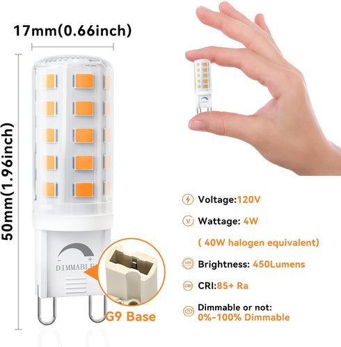 Dimmable G9 Bulb 4W 40 2700K T4 G9 9 Bulb 120V 450LM, 6 Pack TJOY LED Equivalent Watt, Soft Warm White, Bi-pin Base