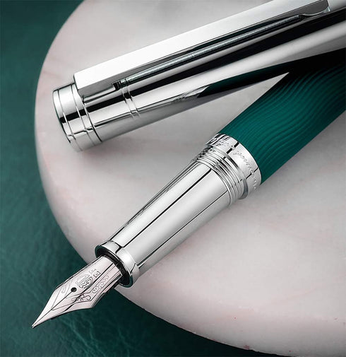 Hongdian 1843 Solid Metal Fountain Pen, Extra Fine Nib, Green Ripple Pattern with Refillable Converter and Case