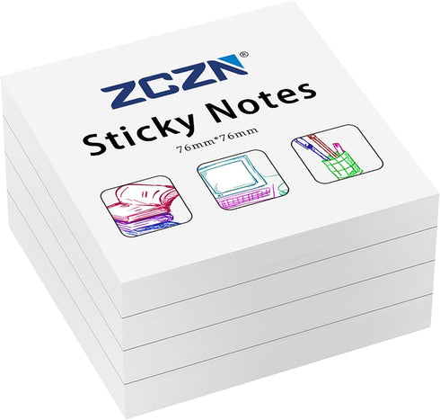 ZCZN White Sticky Notes, 3 x 3 in, 100 Sheets/Pad, 4 Pads/Pack