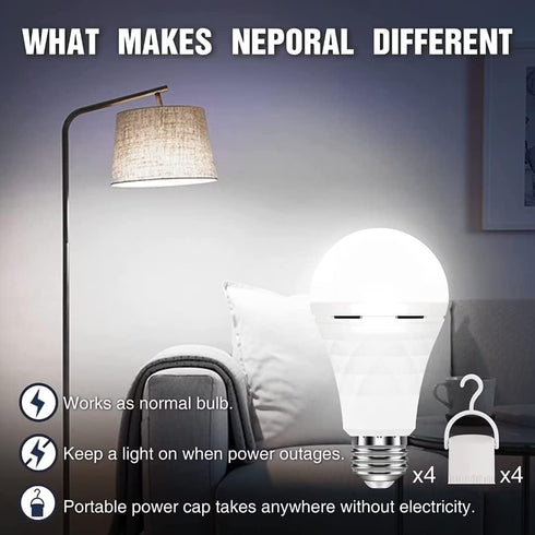 Neporal A19 Rechargeable Light Bulbs Emergency Light Bulb for Power Outages, Led Bulb 60 Watt Equiv., Self-charging Light Bulb 1200mAh Battery Backup Light Bulbs for Daily, Emergency Use (Daylight) by Neporal
