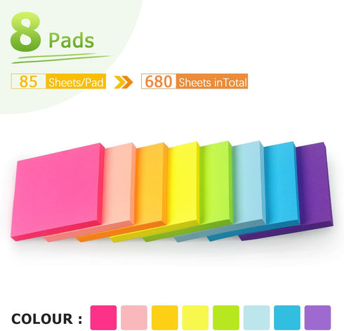 Sticky Notes 3x3 inch, Bright Colors Self-Stick Pads, 8 Pads/Pack, 85 Sheets/Pad, Total 680 Sheets for Office Use