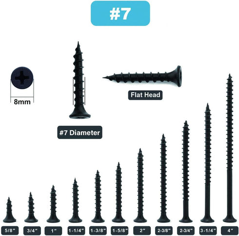 #7 x 1-3/8" Wood Screw, 100PCS Black Phosphate Coated Stainless Flat Truss Head Fast Self Tapping Screws