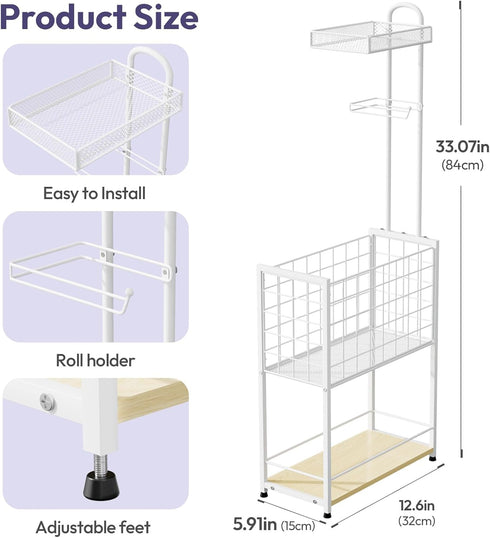 4-Tier SWTYMIKI Freestanding Toilet Paper Holder - Free Standing Toilet Paper Holder Stand with Shelf, Bathroom Storage