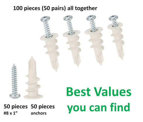 Self Drilling Drywall Plastic Anchors with Screws - 100 Pieces (50 Pairs) Expansion Screws