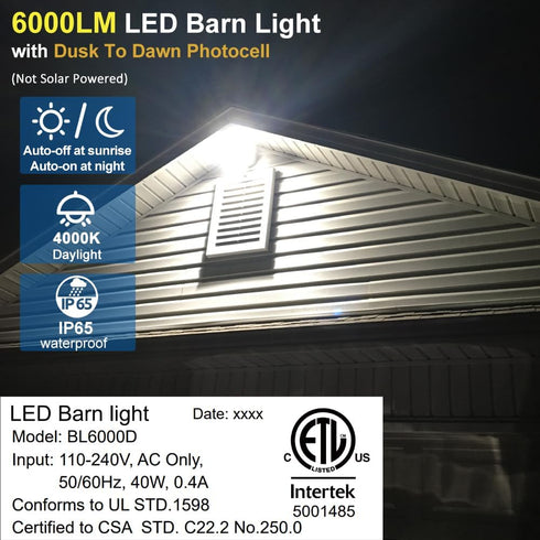 6000LM 42W 4000K 110-240V, Owleye Dusk to Dawn Outdoor Lighting LED Barn Light Security Lights, Daylight, AC ETL