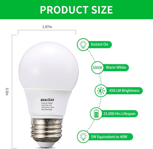 A15 Small Dusk to Dawn Light Bulbs, 4-Pack, 40W Equivalent, Warm White 3000K, E26 Base, Auto On/Off for Outdoor