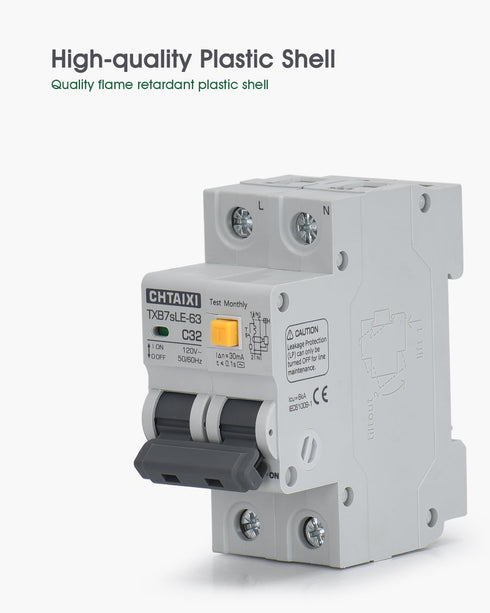 Ground Fault Circuit Breaker, 10 Amp 120V AC, DIN Rail Mount, Thermal-Magnetic Trip Protection