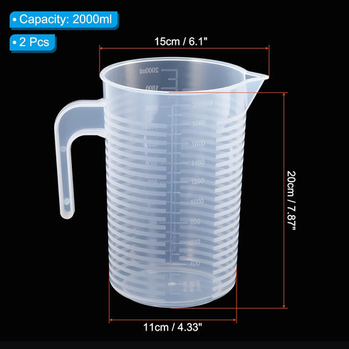 PATIKIL Graduated Beaker, 2 Pack 2000ml PP Plastic Liquid Measuring Cup Double Sided Graduations with Handle Lid and Spout for Lab Kitchen Home