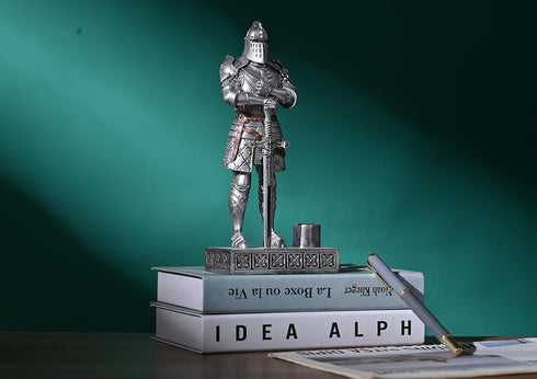 King's Guard Knight Pen Stand Statue - 9.45 Inches Silver Office Desk Organizer for Men, Top Collection Gift