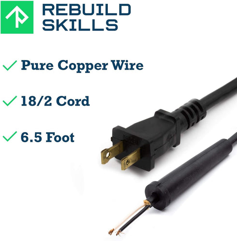 Power Tool Replacement Cord SJT, 18 GA AWG, 2 Wire, 6 1/2 ft, 2 Prong, with Stripped Ends and Rubber Strain Relief Boot by Qualitech